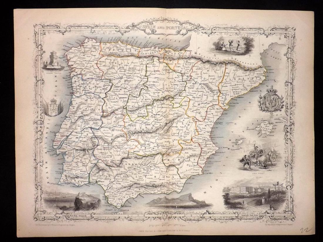 Tallis, John (Pub) 1852 Map of Spain and Portugal: Steel Engraved Map Published 1852, London for "The Universal Pronouncing Dictionary" by Thomas Wright. Centre fold as issued. Paper Size: 14 x 11 inch (33 x 28cm) Good Condition