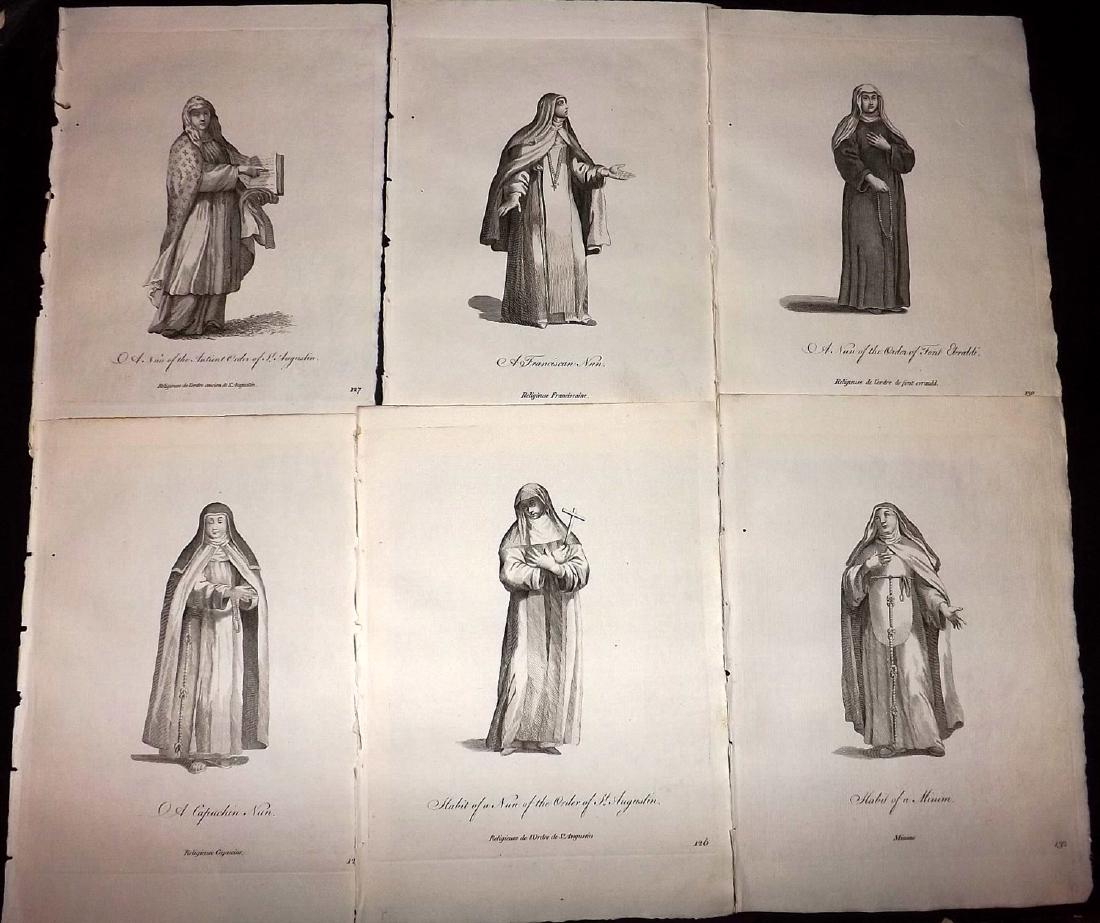 Jefferys, Thomas 1772 Lot of 9 Religious Costume Prints: Mostly Nuns. Copper Plates Published 1757-72, London for "Collection of the Dresses of Different Nations, Antient and Modern" by Thomas Jefferys. Illustrated after Holbein, Van Dyck, Hollar and others