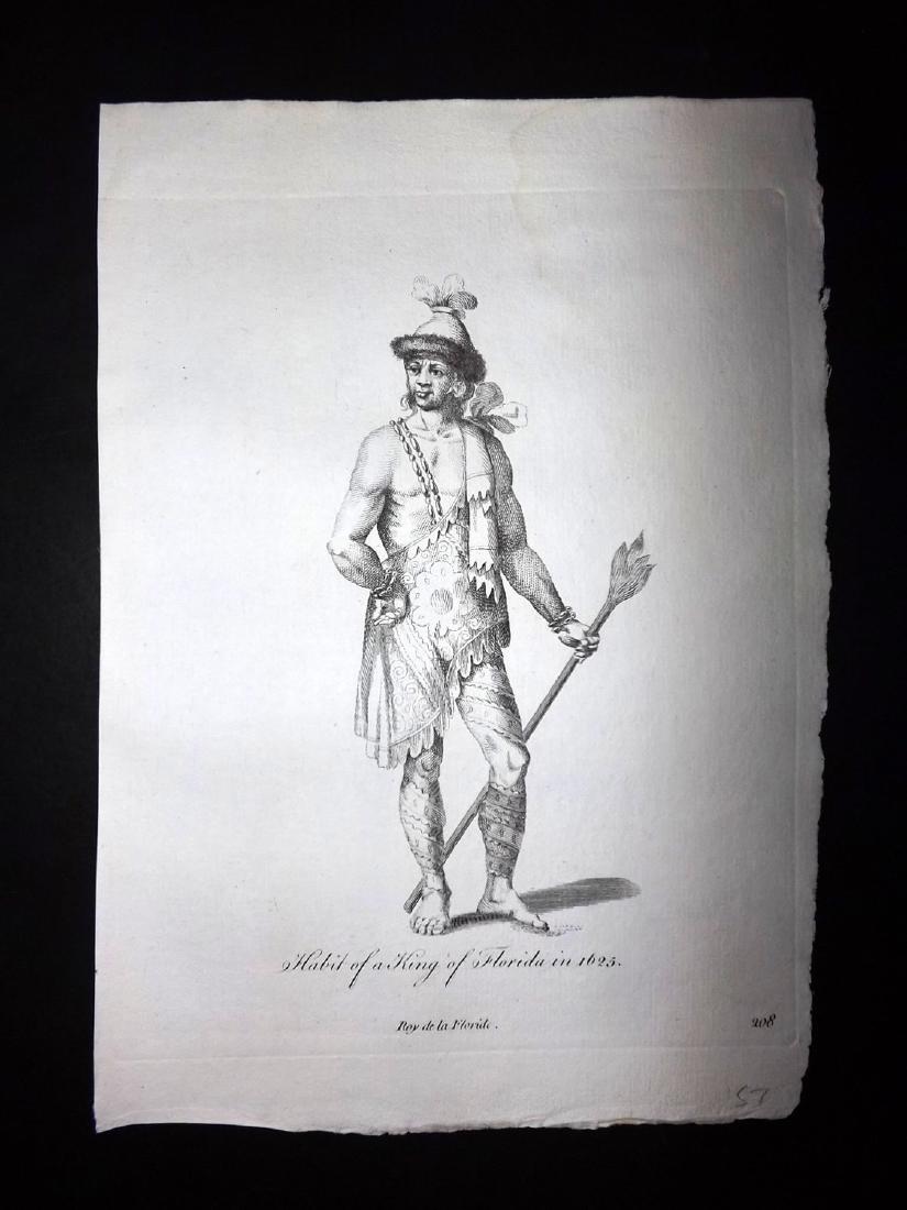 Jefferys, Thomas 1772 Native American Costume Print USA: "Habit of a King of Florida in 1625" Copper Plate Published 1757-72, London for "Collection of the Dresses of Different Nations, Antient and Modern" by Thomas Jefferys. Illustrated after Holbein, Van