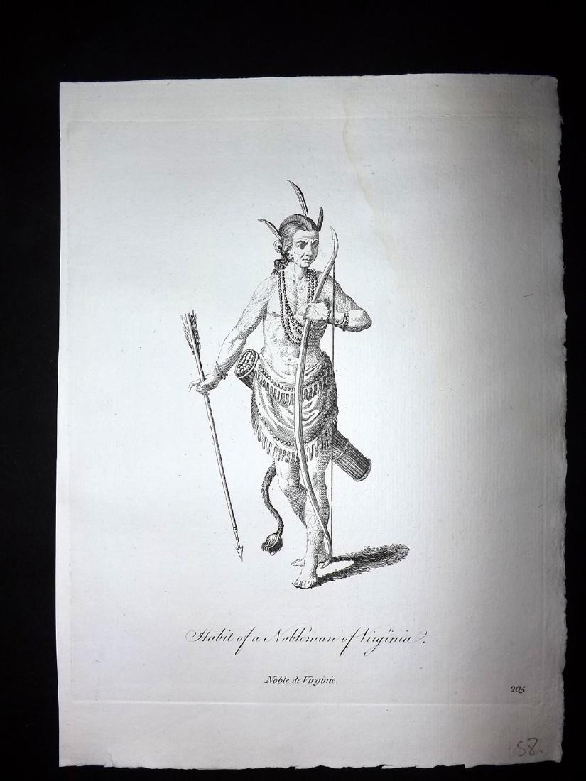 Jefferys, Thomas 1772 Native American Costume Print USA: "Habit of a Nobleman of Virginia" Copper Plate Published 1757-72, London for "Collection of the Dresses of Different Nations, Antient and Modern" by Thomas Jefferys. Illustrated after Holbein, Van Dyc