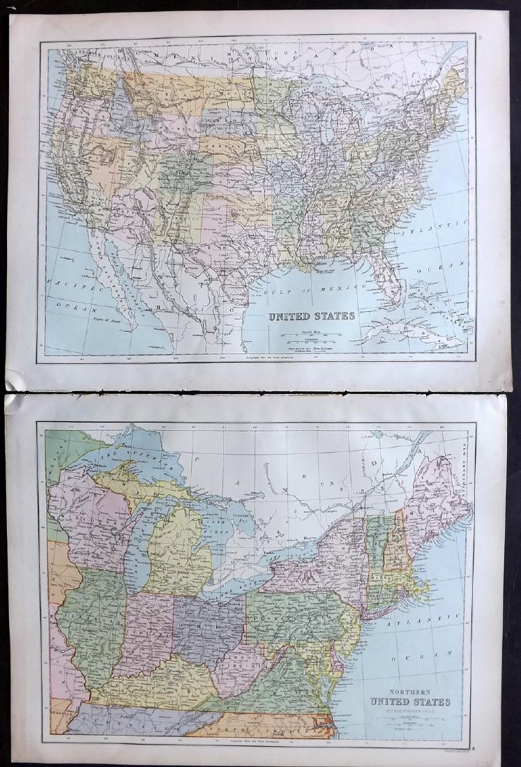 Bryce, James 1881 Pair of Maps of the USA: "Northern United States" and "United States" Lithograph Maps Published 1881, London for ""The International Atlas and Geography..." by James Bryce. Maps by Edward Weller & John Bartholomew. Uncommon.