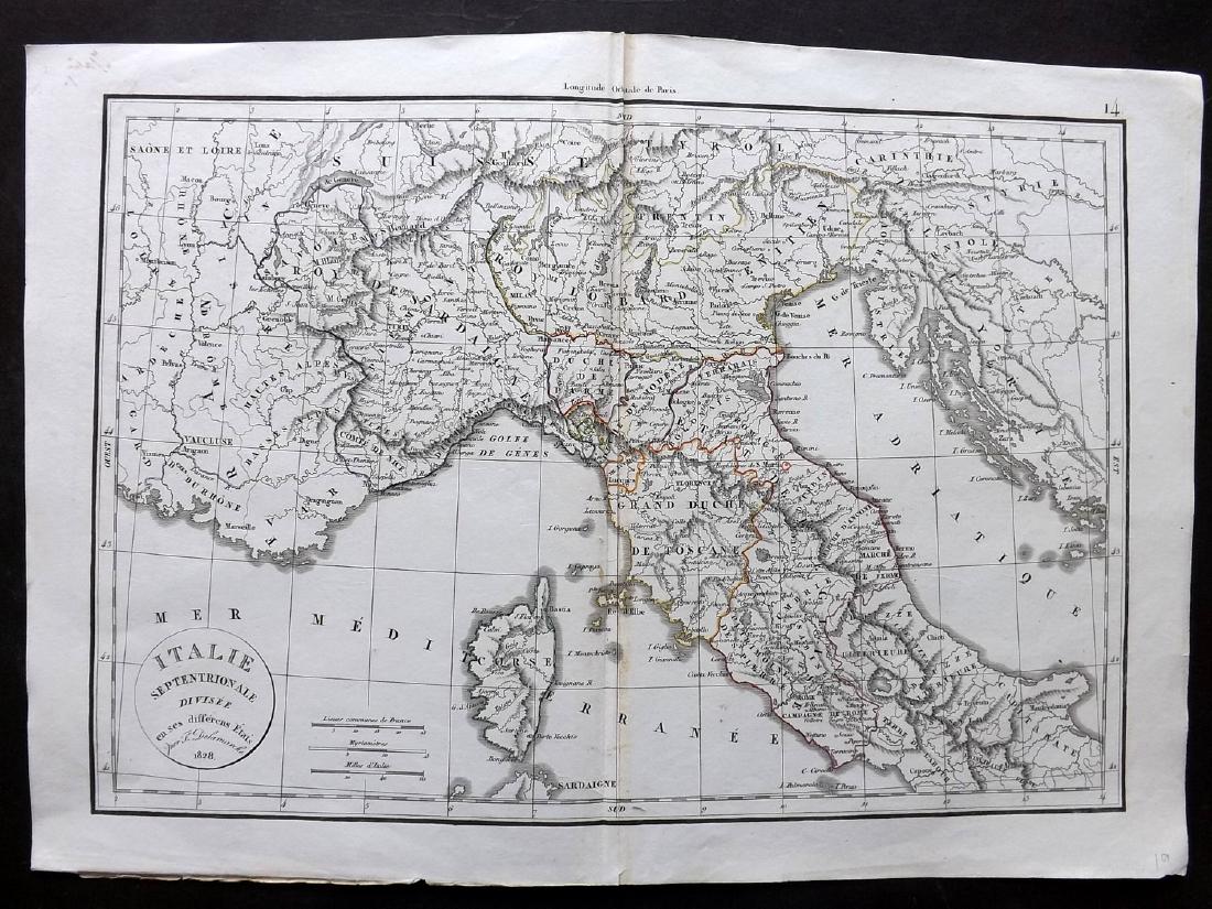 Delamarche, Felix 1829 Map of Italy: "Italie Septentrionale" Copper Engraved Map Published 1829, Paris for "Atlas de La Geographie..." by Felix Delamarche. Contemporary outline hand colour. Centre fold as published. Paper Size: 18.5 x 13