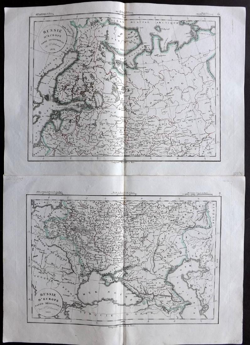 Delamarche, Felix 1829 Pair of Maps of Russia: Copper Engraved Maps Published 1829, Paris for "Atlas de La Geographie..." by Felix Delamarche. Contemporary outline hand colour. Centre fold as published. Paper Size: 18.5 x 13 inch (47 x 33cm) Very 