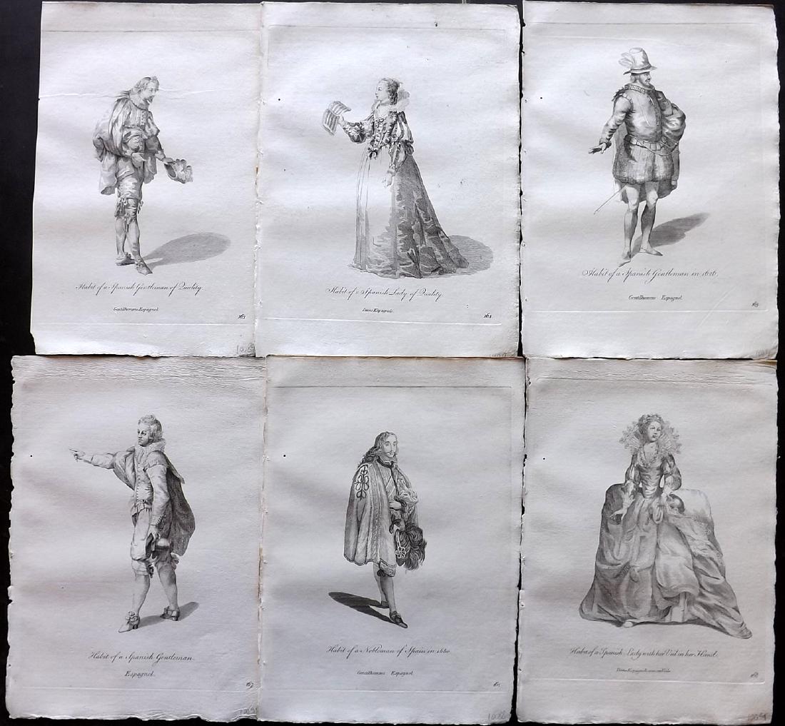 Jefferys, Thomas 1772 Lot of 6 Spanish Costume Prints: Copper Plates Published 1757-72, London for "Collection of the Dresses of Different Nations, Antient and Modern" by Thomas Jefferys. Illustrated after Holbein, Van Dyck, Hollar and others. Paper Size: