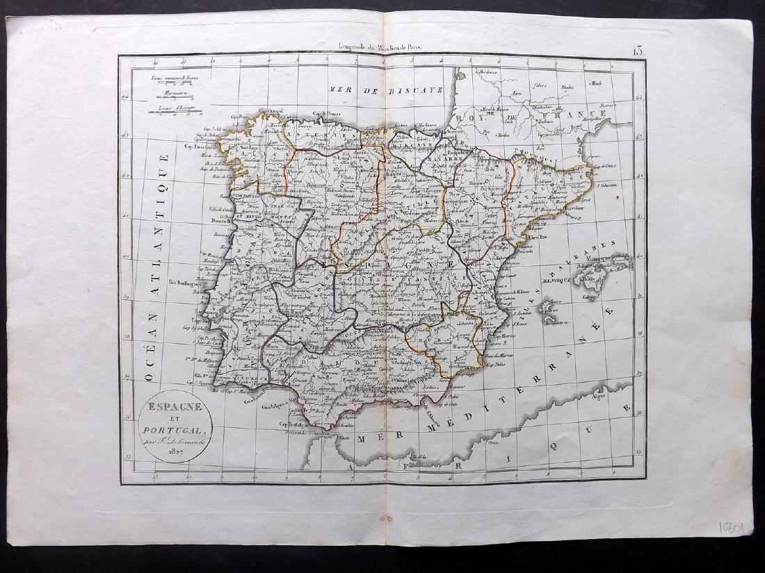 Delamarche, Felix 1829 Map of Spain & Portugal: "Espagne et Portugal" Copper Engraved Map Published 1829, Paris for "Atlas de La Geographie..." by Felix Delamarche. Contemporary outline hand colour. Centre fold as published. Paper Size: 18.5 x 13 i