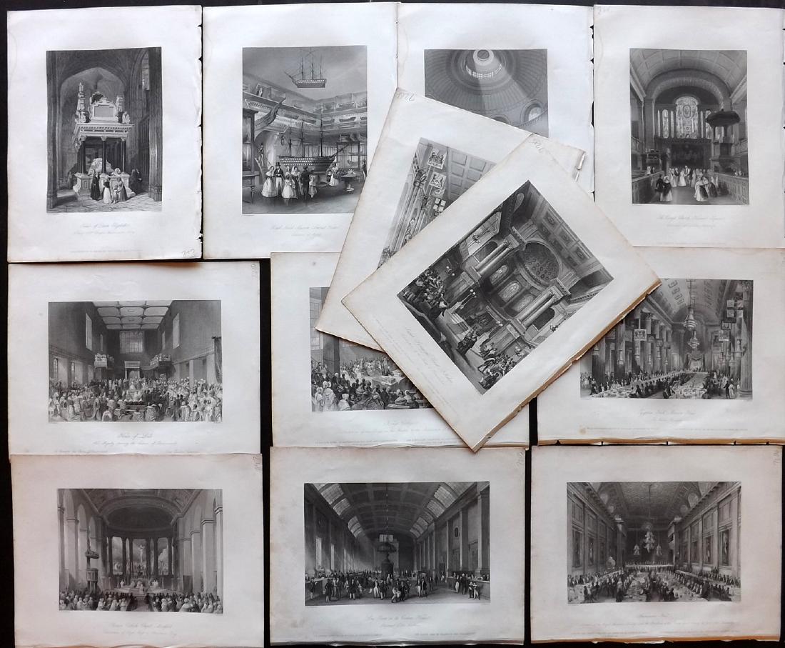 London Interiors 1844 Lot of 12 Steel Engravings: Steel Engravings Published 1841-4 by Joseph Mead, London for "London Interiors" Paper Size: 10.5 x 8 inch (27 x 21cm) Very minor margin toning. Images fine