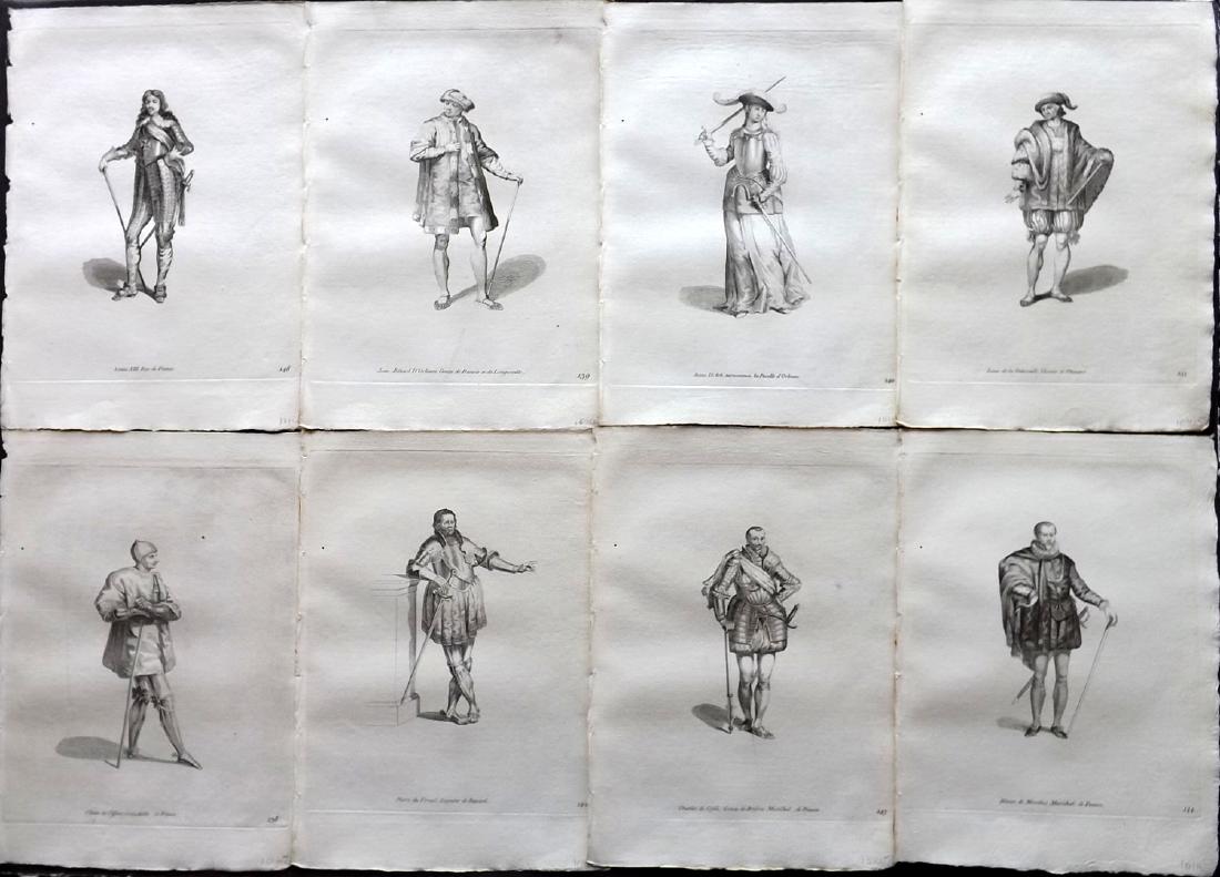 Jefferys, Thomas 1772 Costume Prints, Lot of 8 French: Copper Plates Published 1757-72, London for "Collection of the Dresses of Different Nations, Antient and Modern" by Thomas Jefferys. Illustrated after Holbein, Van Dyck, Hollar and others. Paper Size: