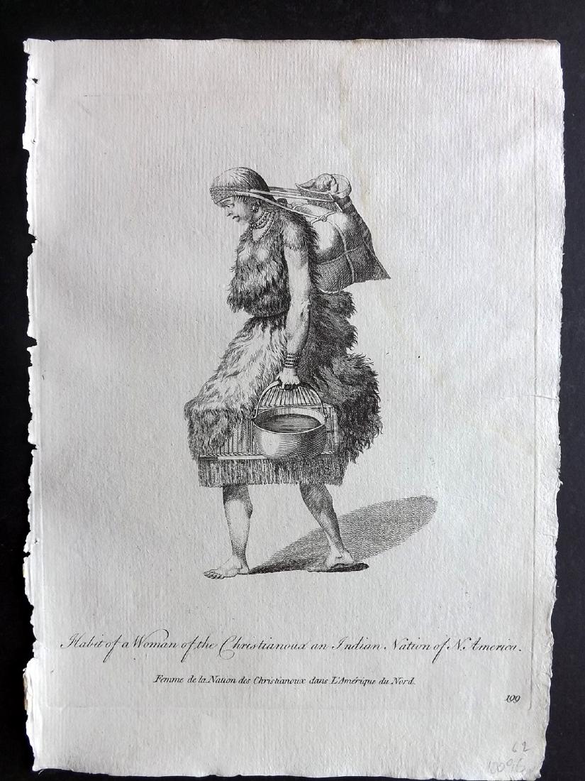 Jefferys, Thomas 1772 Native American Print. Canada: "Habit of a Woman of the Christianoux an Indian Nation of North America" Copper Plate Published 1757-72, London for "Collection of the Dresses of Different Nations, Antient and Modern" by Thomas Jeffe