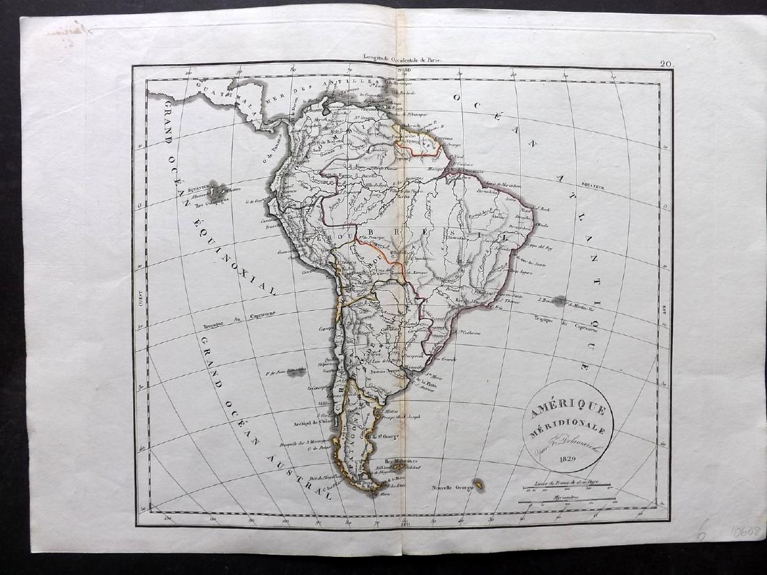 Delamarche, Felix 1829 Map of South America Continent: "Amerique Meridionale" Copper Engraved Map Published 1829, Paris for "Atlas de La Geographie..." by Felix Delamarche. Contemporary outline hand colour. Centre fold as published. Paper Size: 18.5 x 13 