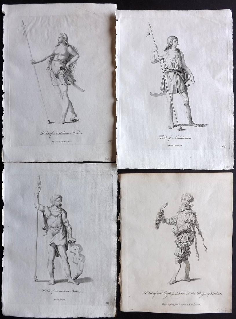 Jefferys, Thomas 1772 Lot of 4 British Costume Prints: Mostly Ancient Britons. Copper Plates Published 1757-72, London for "Collection of the Dresses of Different Nations, Antient and Modern" by Thomas Jefferys. Illustrated after Holbein, Van Dyck, Hollar