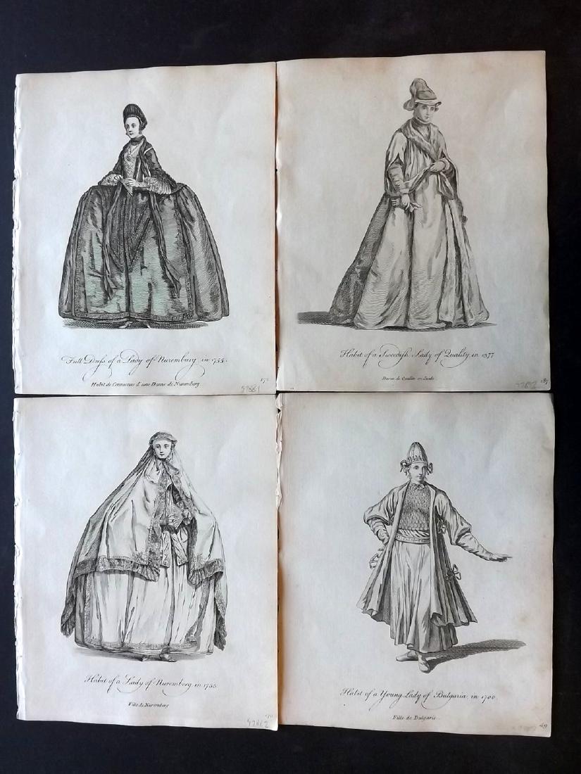 Jefferys, Thomas 1772 Lot of 6 European Costume Prints: Incl Nuremberg, Bulgaria, Sweden, Saxiony and Kings of Spain/France. Copper Plates Published 1757-72, London for "Collection of the Dresses of Different Nations, Antient and Modern" by Thomas Jefferys