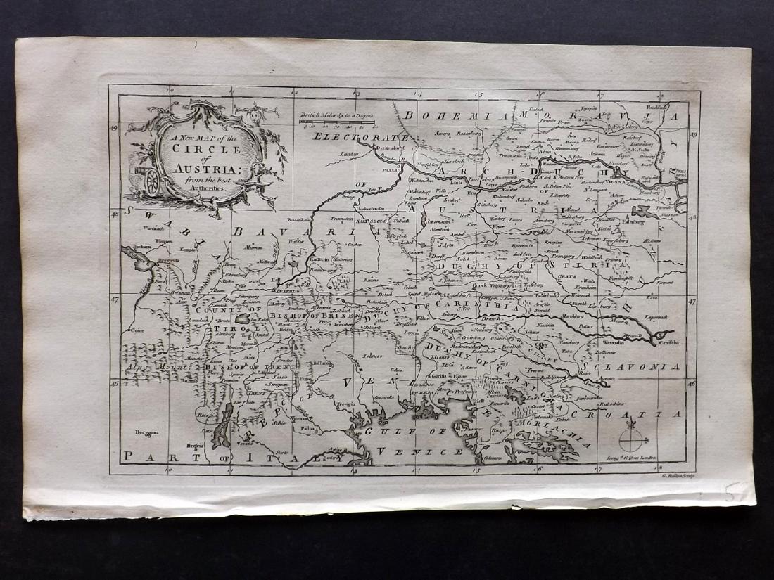 Fenning & Collyer 1765 Map of Austria: Copper Engraved Map Published 1764-65, London for "A New System of Geography: or, A General Description of the World" by Daniel Fenning & Joseph Collyer. Maps by G. Rollos, J. Gibson and others, mostl