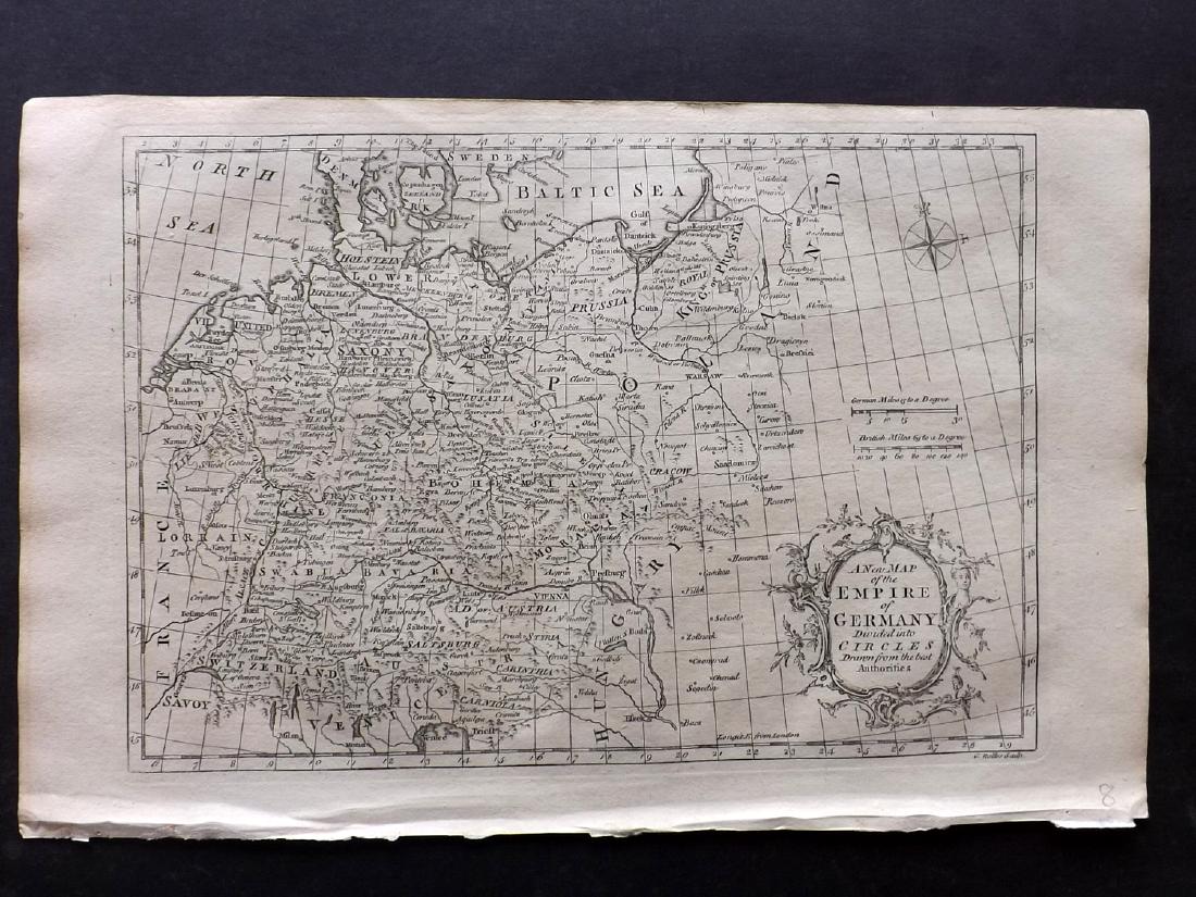 Fenning & Collyer 1765 Map of Empire of Germany: Copper Engraved Map Published 1764-65, London for "A New System of Geography: or, A General Description of the World" by Daniel Fenning & Joseph Collyer. Maps by G. Rollos, J. Gibson and others, mostl