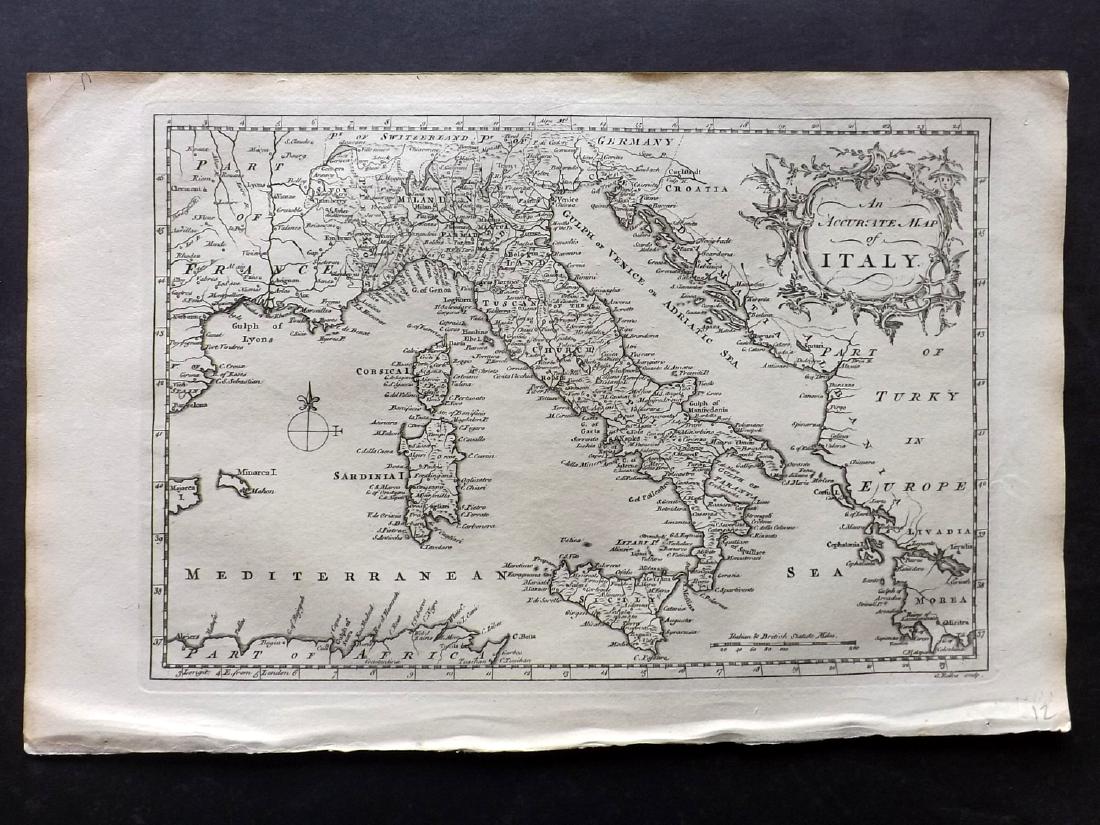 Fenning & Collyer 1765 Map of Italy: Copper Engraved Map Published 1764-65, London for "A New System of Geography: or, A General Description of the World" by Daniel Fenning & Joseph Collyer. Maps by G. Rollos, J. Gibson and others, mostl