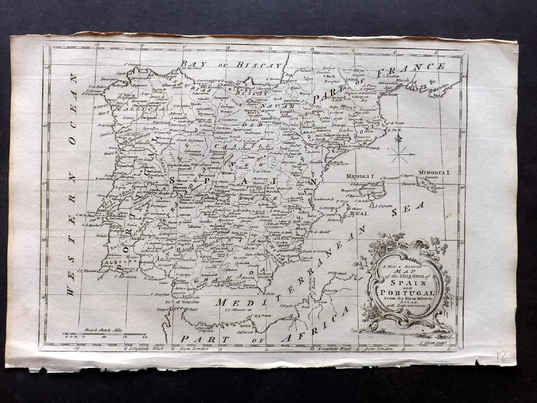 Fenning & Collyer 1765 Map of Spain & Portugal: Copper Engraved Map Published 1764-65, London for "A New System of Geography: or, A General Description of the World" by Daniel Fenning & Joseph Collyer. Maps by G. Rollos, J. Gibson and others, mostl