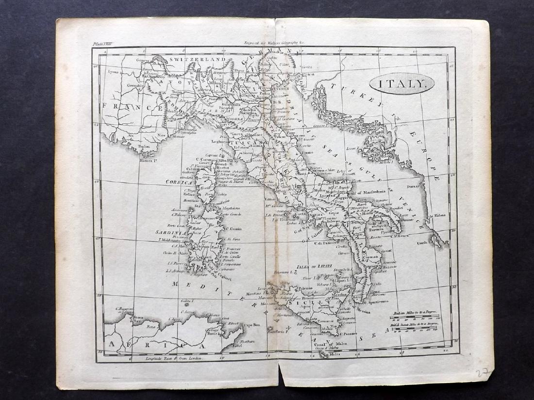 Walker, John 1795 Map of Italy: Copper Engraved Map Published 1795, London for "Elements of Geography, and of Natural and Civil History" by John Walker. Centre fold as published. Paper Size: 10 x 8.5 inch (26 x 22cm) Very minor toni