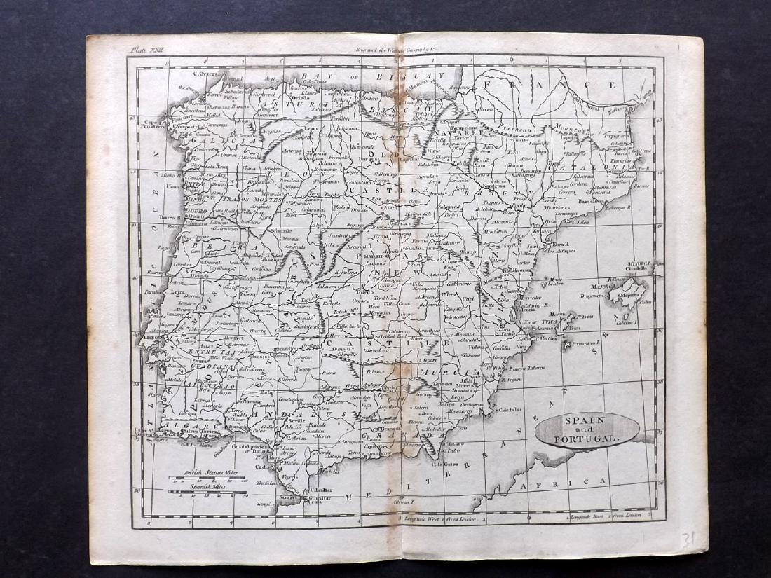 Walker, John 1795 Map of Spain and Portugal: Copper Engraved Map Published 1795, London for "Elements of Geography, and of Natural and Civil History" by John Walker. Centre fold as published. Paper Size: 10 x 8.5 inch (26 x 22cm) Minor toning on
