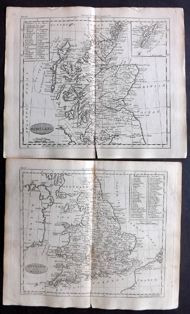 Walker, John 1795 Pair Maps of Scotland, England, Wales: Copper Engraved Maps Published 1795, London for "Elements of Geography, and of Natural and Civil History" by John Walker. Centre fold as published. Paper Size: 10 x 8.5 inch (26 x 22cm) Minor toning a