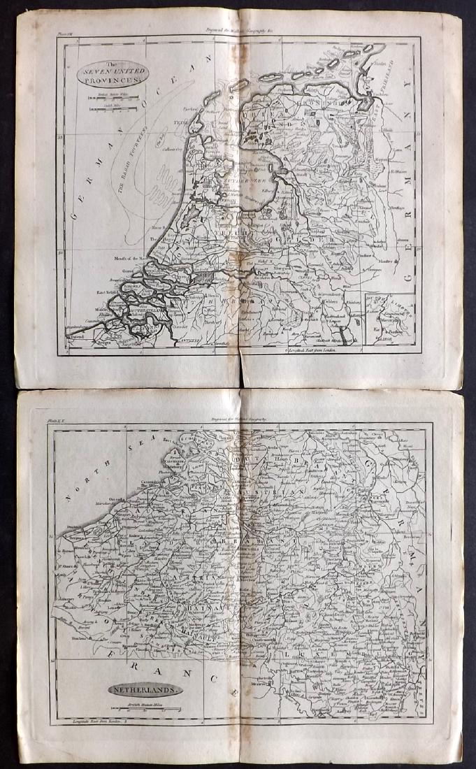 Walker, John 1795 Pair of Maps of The Netherlands: "The Severn United Provinces" and "Netherlands" Copper Engraved Maps Published 1795, London for "Elements of Geography, and of Natural and Civil History" by John Walker. Centre fold as published. Pape