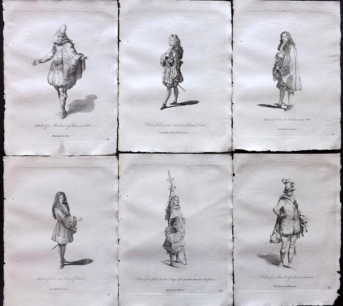 Jefferys, Thomas 1772 Lot of 6 French Costume Prints: Copper Plates Published 1757-72, London for "Collection of the Dresses of Different Nations, Antient and Modern" by Thomas Jefferys. Illustrated after Holbein, Van Dyck, Hollar and others. Paper Size:
