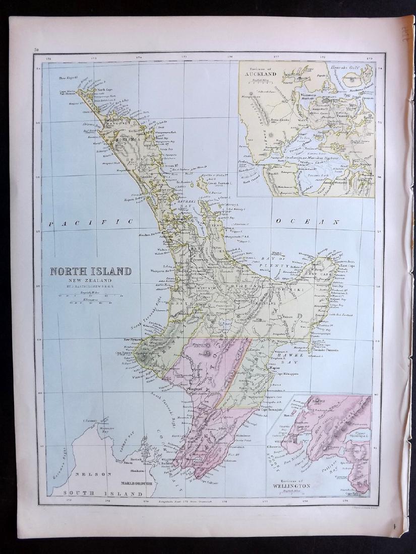 Bryce, James 1881 Map of New Zealand North Island: Lithograph Map Published 1881, London for ""The International Atlas and Geography..." by James Bryce. Maps by Edward Weller & John Bartholomew. Uncommon. Paper Size: 18 x 13 inch (46 x 33cm) Good Cond