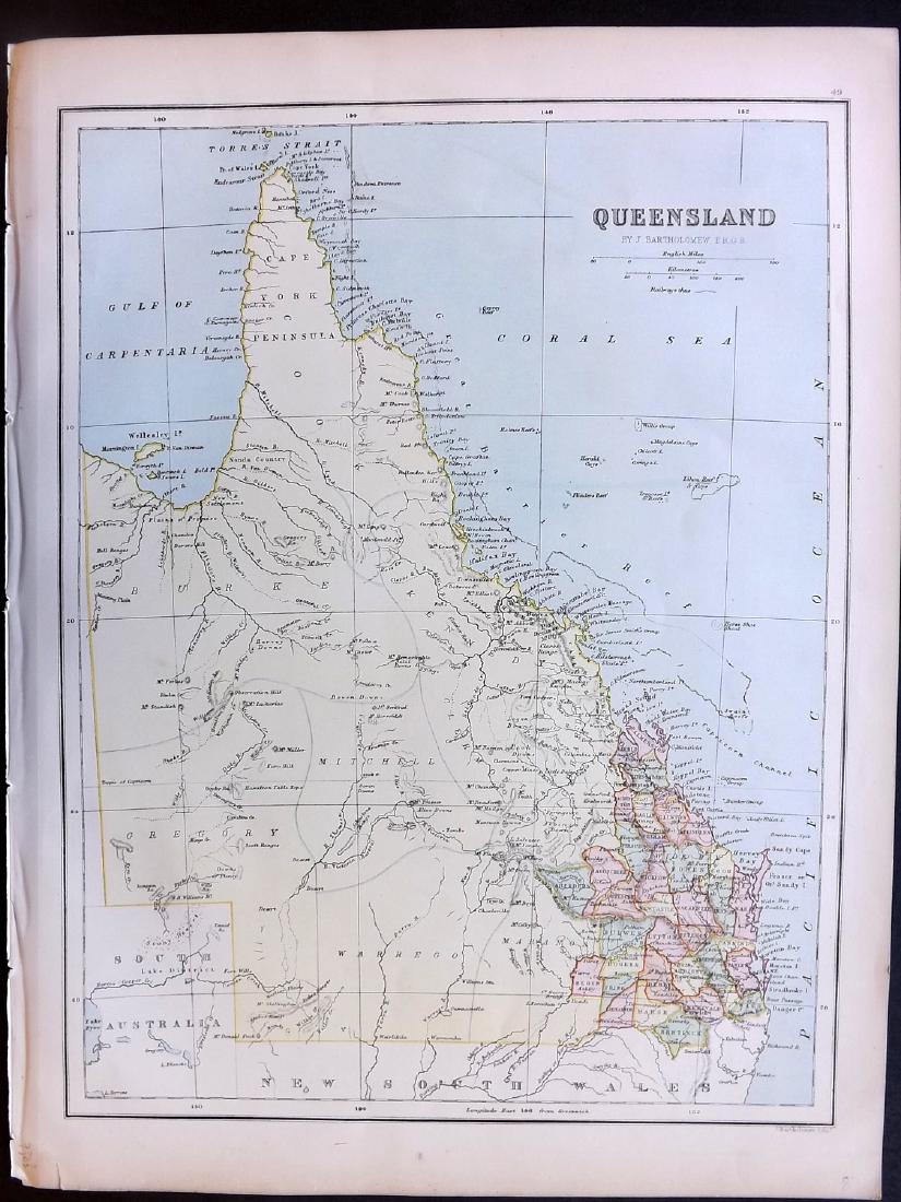 Bryce, James 1881 Map of Queensland, Australia: Lithograph Map Published 1881, London for ""The International Atlas and Geography..." by James Bryce. Maps by Edward Weller & John Bartholomew. Uncommon. Paper Size: 18 x 13 inch (46 x 33cm) Good Cond