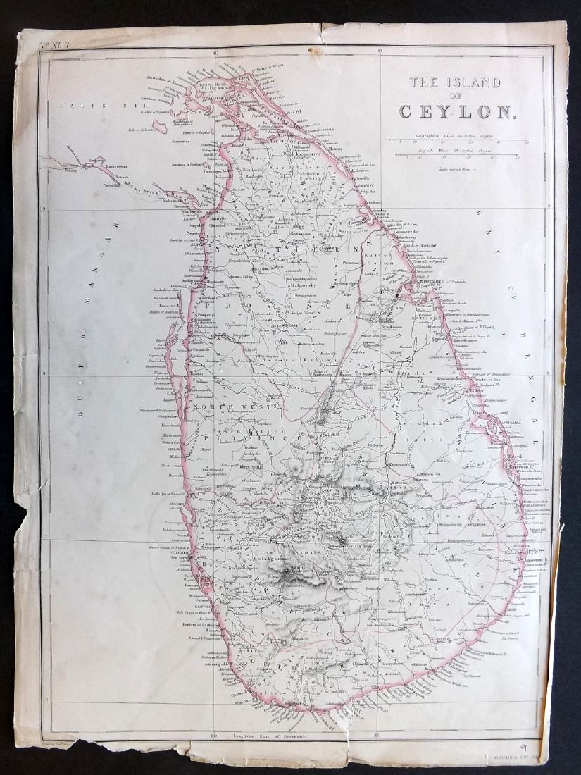 Ceylon 1860 Antique Map by Blackie. Sri Lanka: Steel Engraved Map Published 1860, by Blackie & Son, London for "The Imperial Atlas of Modern Geography" by Walter Graham Blackie. Hand Coloured outline as issued. Paper Size: 14.5 x 10.5 inch (37 x 2
