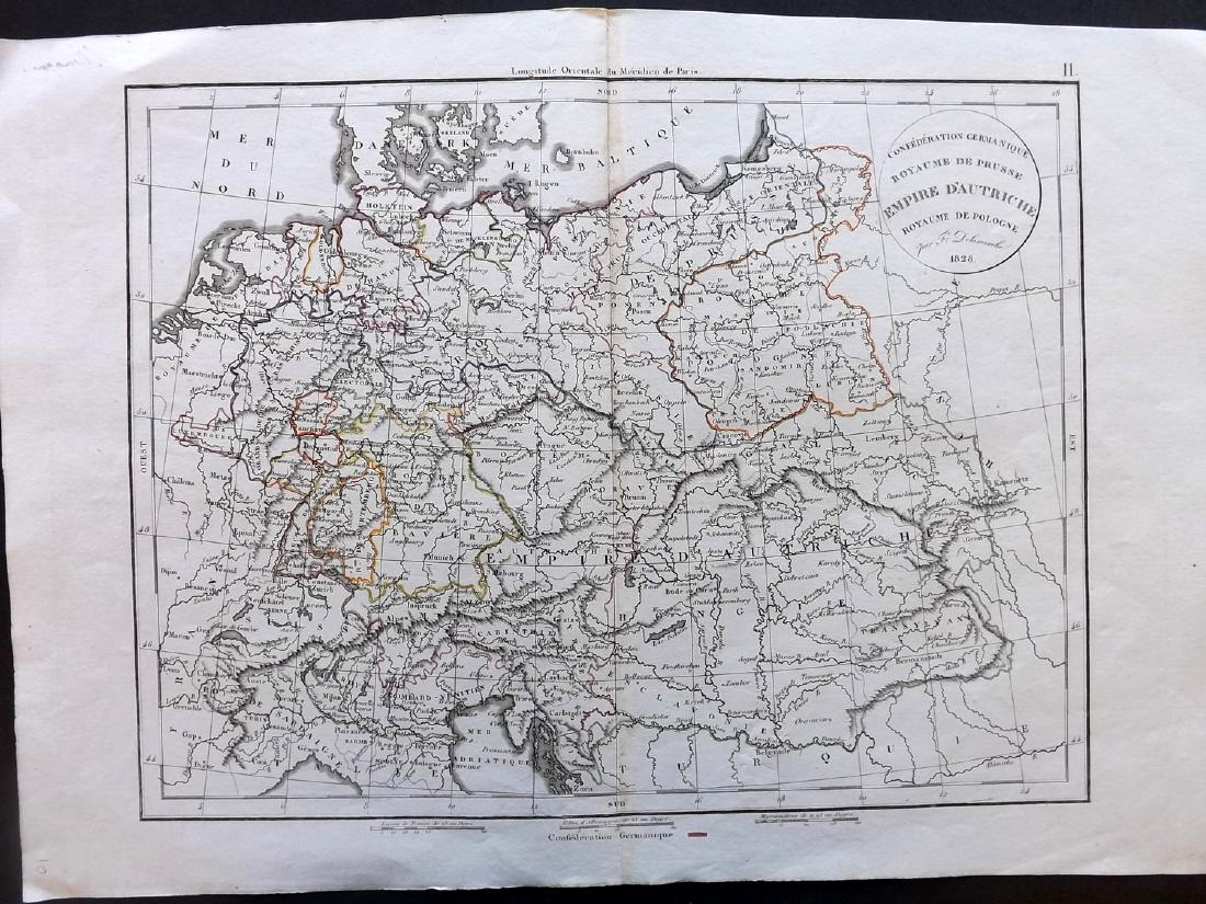 Delamarche, Felix 1829 Empire of Austria incl Poland: "Confederation Germanique Royaume de Prusse Empire d'Autriche Royaume de Pologne" Copper Engraved Map Published 1829, Paris for "Atlas de La Geographie..." by Felix Delamarche. Contemporary outline ha