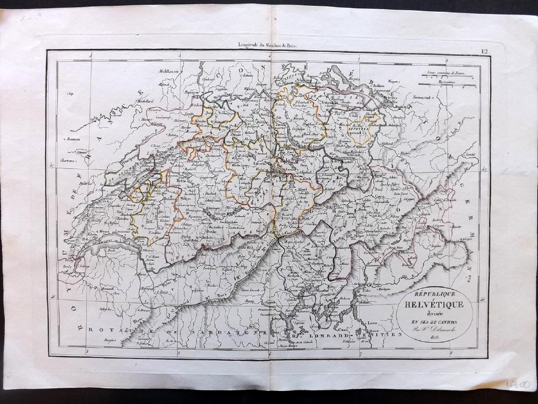 Delamarche, Felix 1829 Map of Switzerland: "Republique Helvetique" Copper Engraved Map Published 1829, Paris for "Atlas de La Geographie..." by Felix Delamarche. Contemporary outline hand colour. Centre fold as published. Paper Size: 18.5 x 13