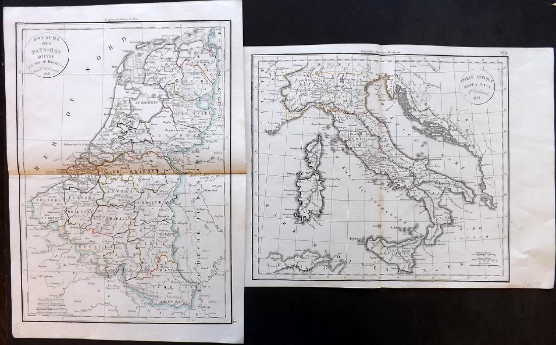 Delamarche, Felix 1829 Pair of Maps of Italy: "Italiae Antiquae Mappa Nova" and "Royaume des Pays-Bas Divise" Copper Engraved Maps Published 1829, Paris for "Atlas de La Geographie..." by Felix Delamarche. Contemporary outline hand colour. Centre