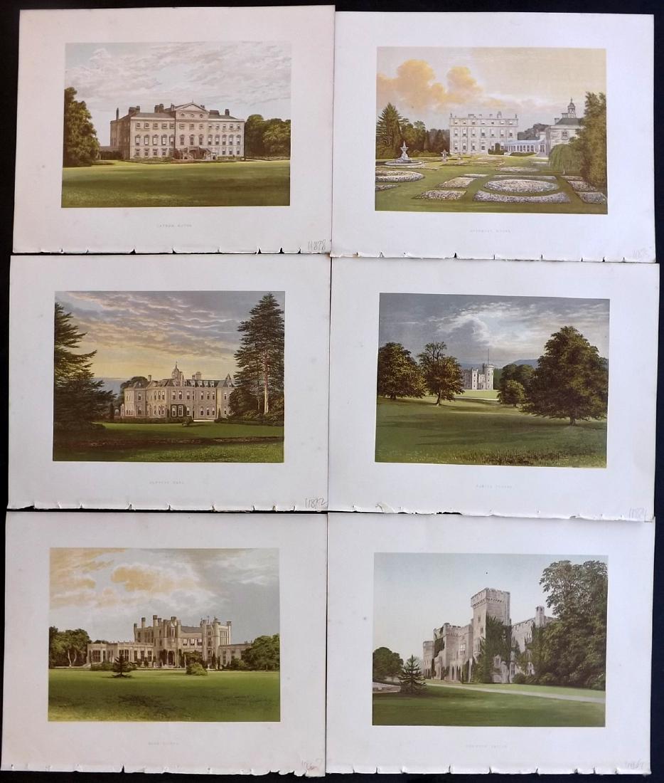 Morris Seats C1870 Lot of 6 Colour Woodblock Views: Color Printed Woodblock Published 1866-1880 by William Mckenzie, London for "Picturesque Views of Seats of Noblemen and Gentlemen of Great Britain and Ireland" by the Rev. F. O. Morris. Printed by Ben