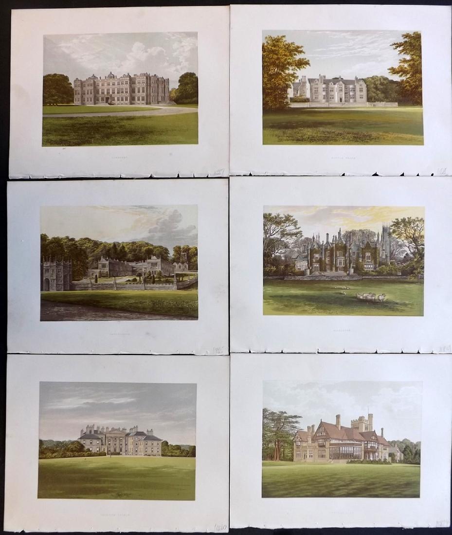 Morris Seats C1870 Lot of 6 Colour Woodblock Views: Color Printed Woodblock Published 1866-1880 by William Mckenzie, London for "Picturesque Views of Seats of Noblemen and Gentlemen of Great Britain and Ireland" by the Rev. F. O. Morris. Printed by Ben