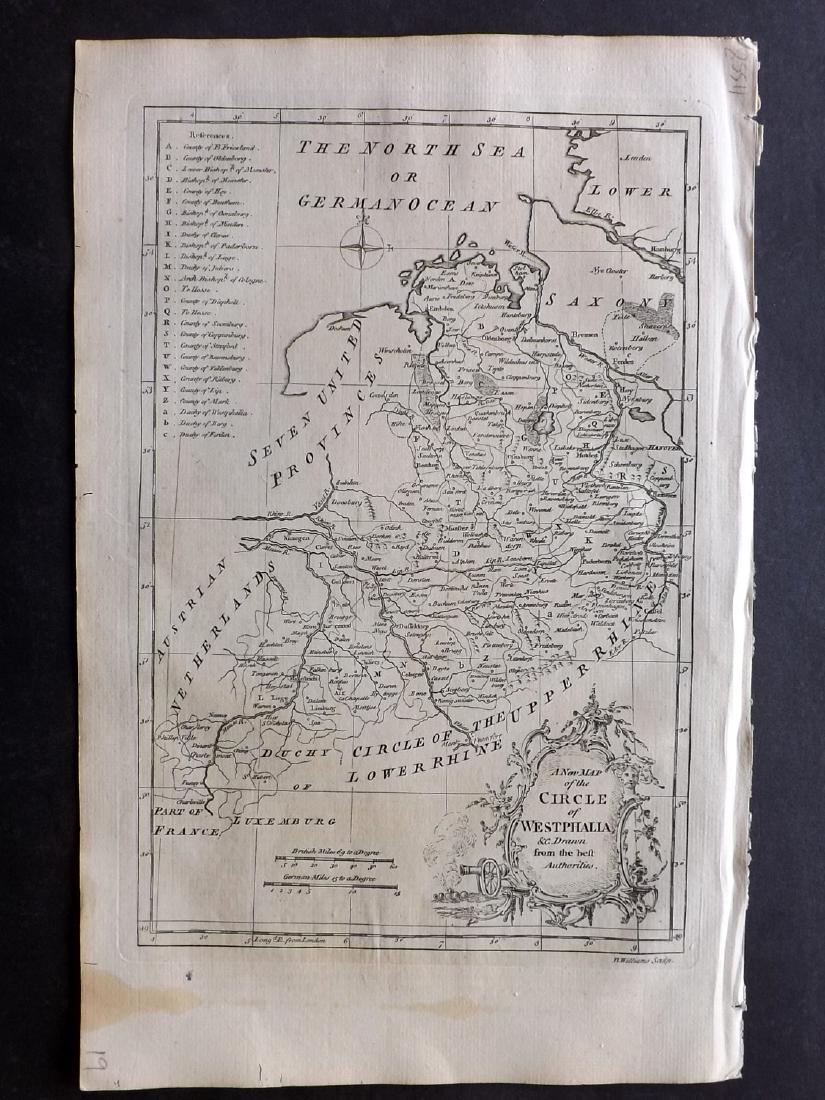Fenning & Collyer 1765 Map of Westphalia, Germany: Copper Engraved Map Published 1764-65, London for "A New System of Geography: or, A General Description of the World" by Daniel Fenning & Joseph Collyer. Maps by G. Rollos, J. Gibson and others, mostl