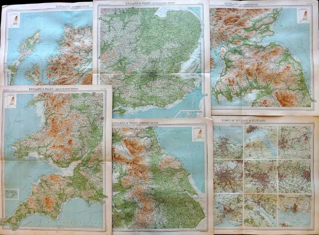 Bartholomew, John 1922 Lot of 6 Maps of the UK: Large Lithograph Maps Published 1922 by The Times, London for "The Times Survey Atlas of the World" Maps by John George Bartholomew of the Edinburgh Geographical Institute. Centre fold as issued. Pape