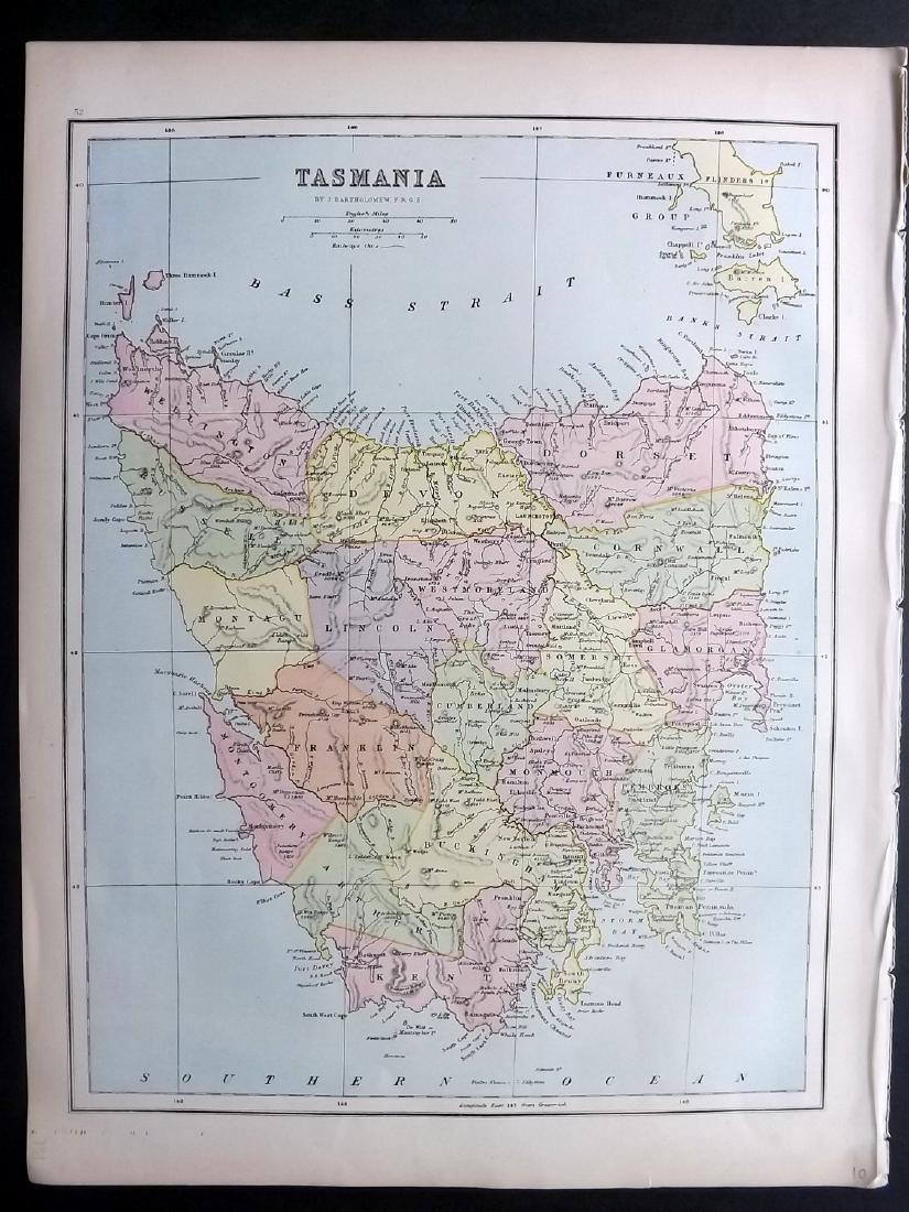 Bryce, James 1881 Map of Tasmania, Australia: Lithograph Map Published 1881, London for ""The International Atlas and Geography..." by James Bryce. Maps by Edward Weller & John Bartholomew. Uncommon. Paper Size: 18 x 13 inch (46 x 33cm) Good Cond