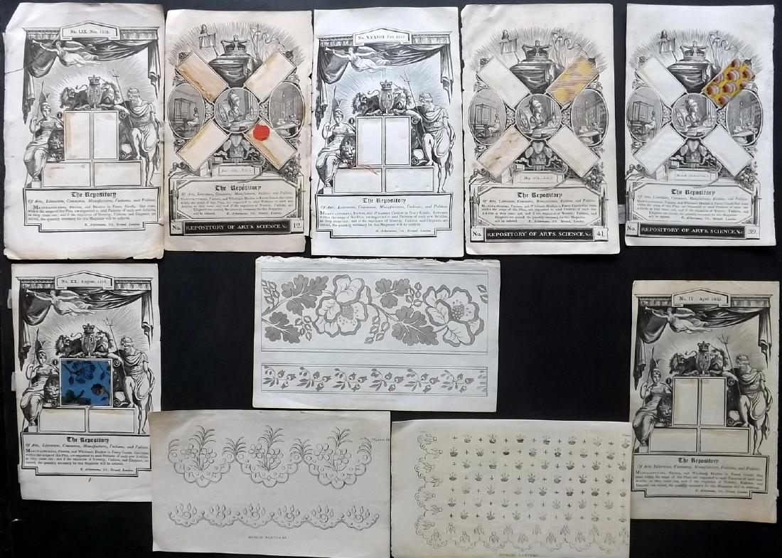 Fashion Textiles C1810 Lot of 10 Prints incl Rare: Mostly Title Pages, including three with the very rare silk fabric samples for dresses (Often destroyed) Mixed Method Engravings Published 1809-29 by Rudolph Ackermann, London for "The Repository of a