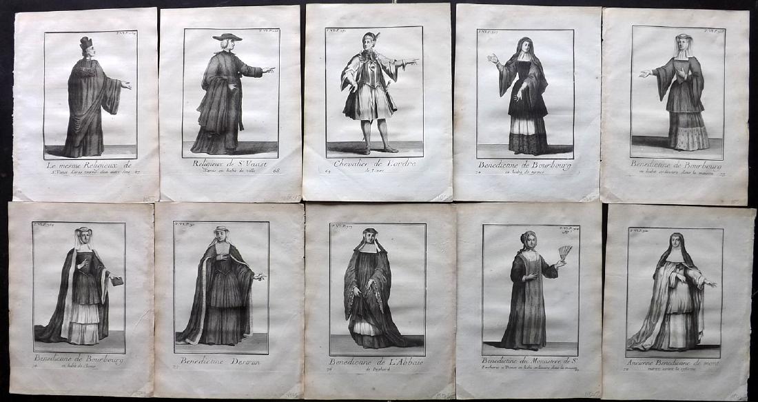 Heylot, Pierre 1721 Lot of 10 Costume Prints: Copper Plate Published 1721, Paris for "Histoire des Ordres Monastiques, Religieux et Militaires" by Pierre Heylot. Paper Size: 10 x 7.5 inch (25 x 19cm) Good Condition overall