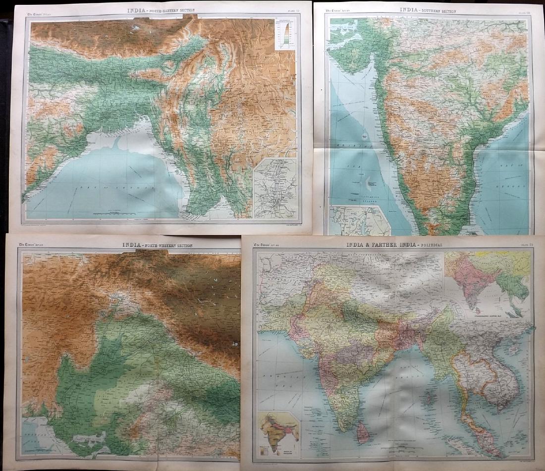 Bartholomew, John 1922 Lot of 4 Maps of India: Large Lithograph Maps Published 1922 by The Times, London for "The Times Survey Atlas of the World" Maps by John George Bartholomew of the Edinburgh Geographical Institute. Centre fold as issued. Pape