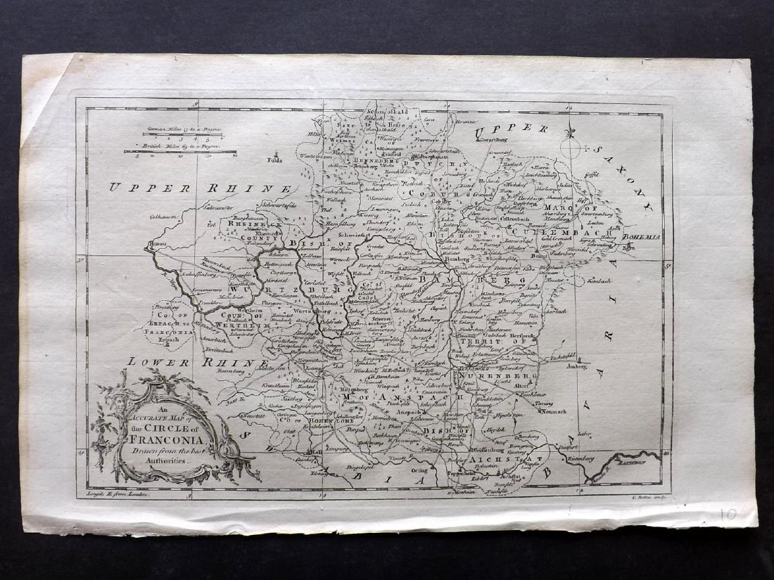 Fenning & Collyer 1765 Map of Franconia, Germany: Copper Engraved Map Published 1764-65, London for "A New System of Geography: or, A General Description of the World" by Daniel Fenning & Joseph Collyer. Maps by G. Rollos, J. Gibson and others, mostl
