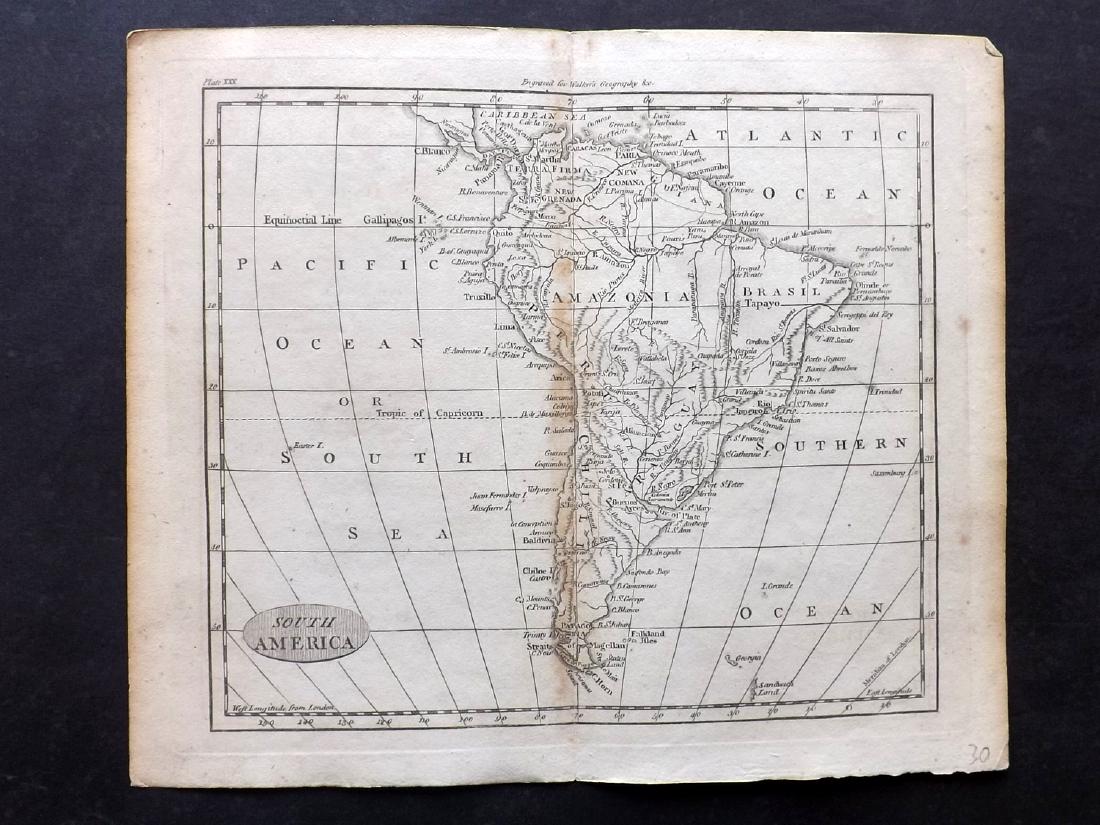 Walker, John 1795 Map of South America: Copper Engraved Map Published 1795, London for "Elements of Geography, and of Natural and Civil History" by John Walker. Centre fold as published. Paper Size: 10 x 8.5 inch (26 x 22cm) Minor toning al