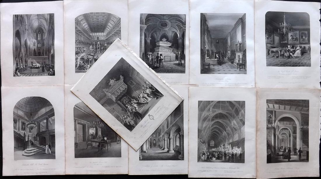 London Interiors 1844 Lot of 11 Steel Engravings: Steel Engraving Published 1841-4 by Joseph Mead, London for "London Interiors" Paper Size: 10.5 x 8 inch (27 x 21cm) Margin toning in parts. Otherwise fine