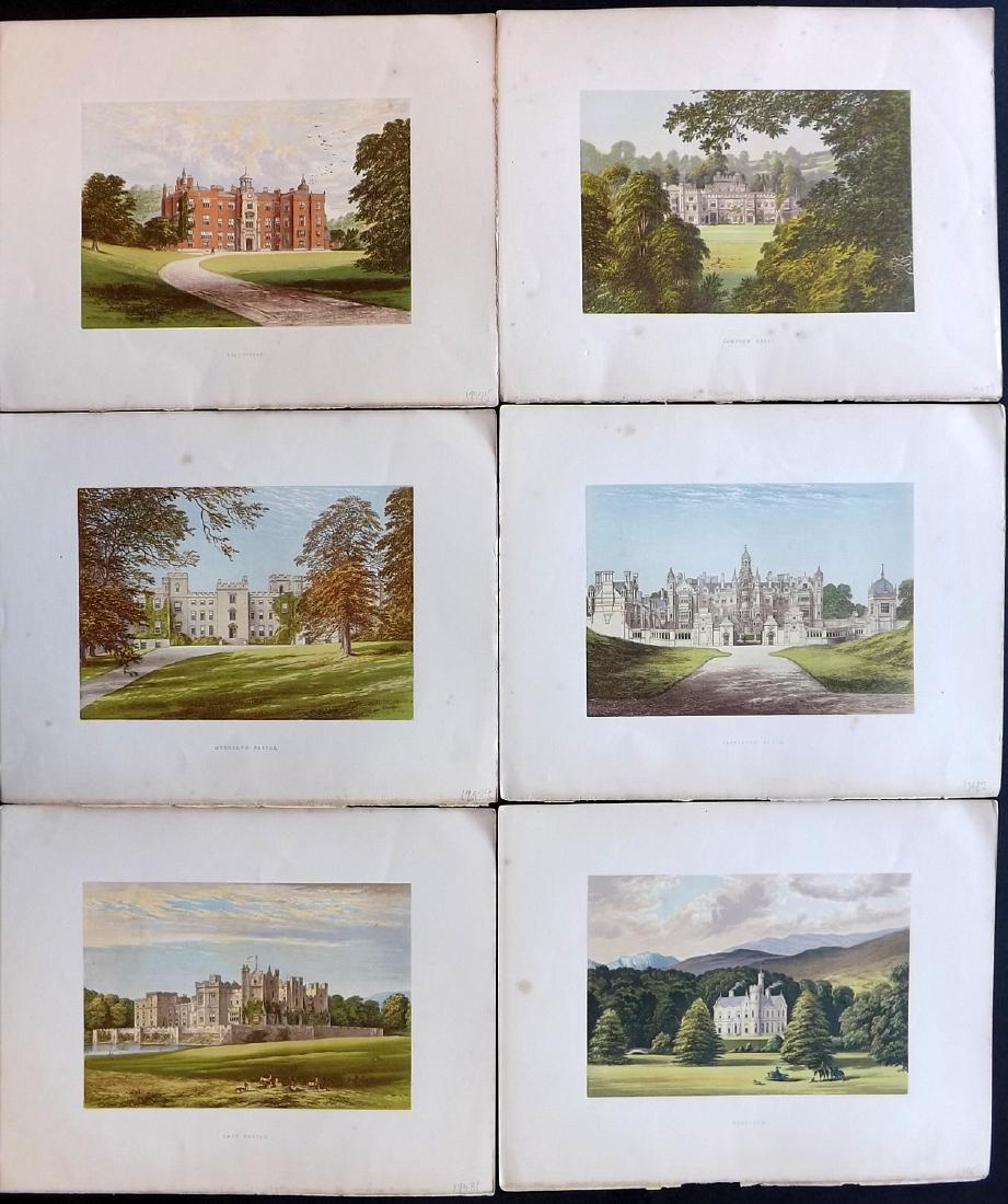 Morris Seats C1870 Lot of 6 Colour Woodblock Views: Color Printed Woodblock Published 1866-1880 by William Mckenzie, London for "Picturesque Views of Seats of Noblemen and Gentlemen of Great Britain and Ireland" by the Rev. F. O. Morris. Printed by Ben
