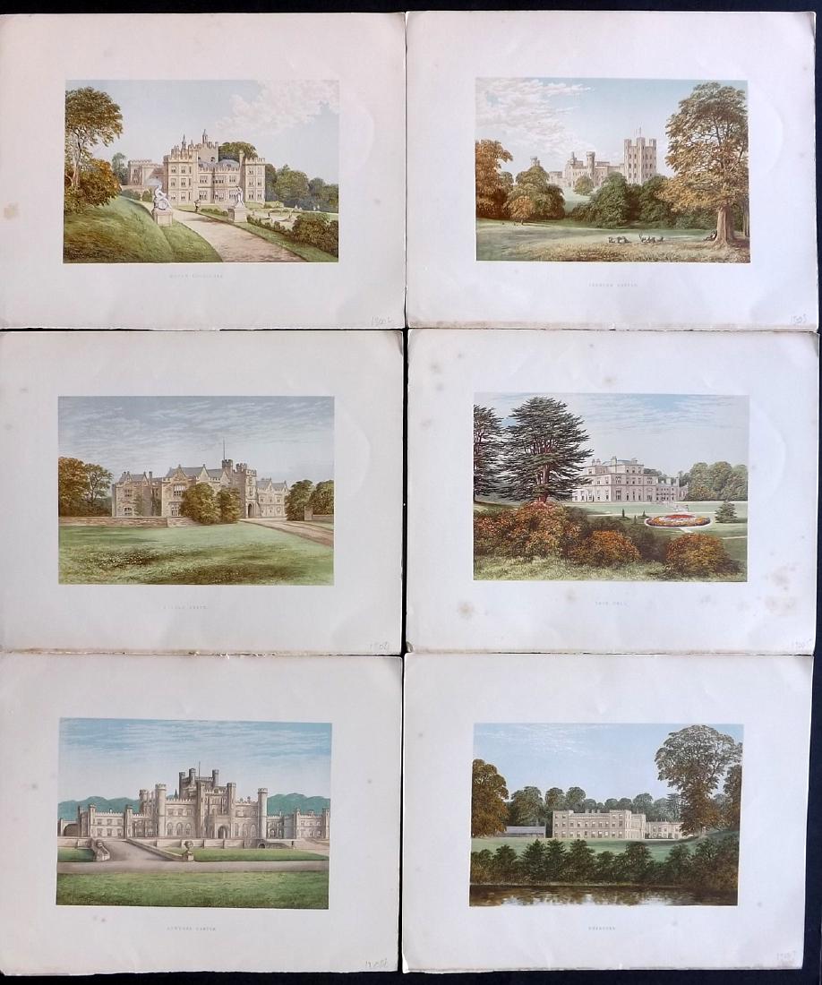 Morris Seats C1870 Lot of 6 Colour Woodblock Views: Color Printed Woodblock Published 1866-1880 by William Mckenzie, London for "Picturesque Views of Seats of Noblemen and Gentlemen of Great Britain and Ireland" by the Rev. F. O. Morris. Printed by Ben