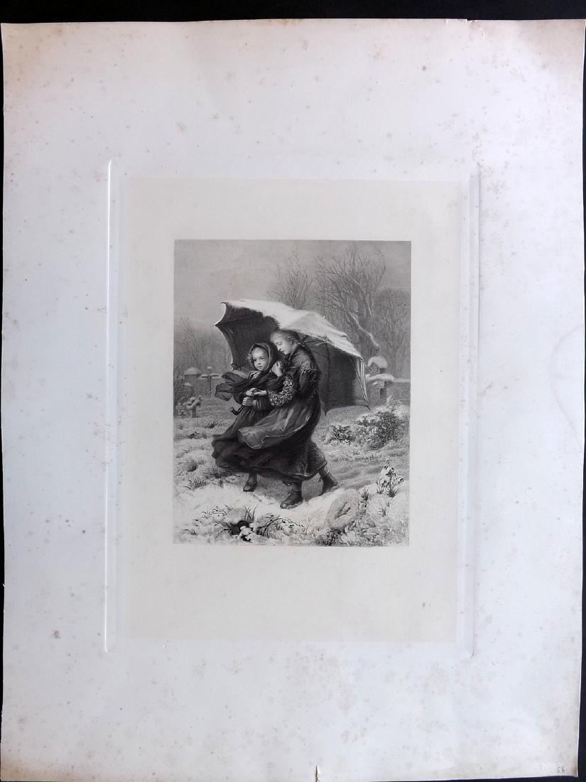 Anon C1860 Large Engraving. Children with Umbrella (1 of 2)