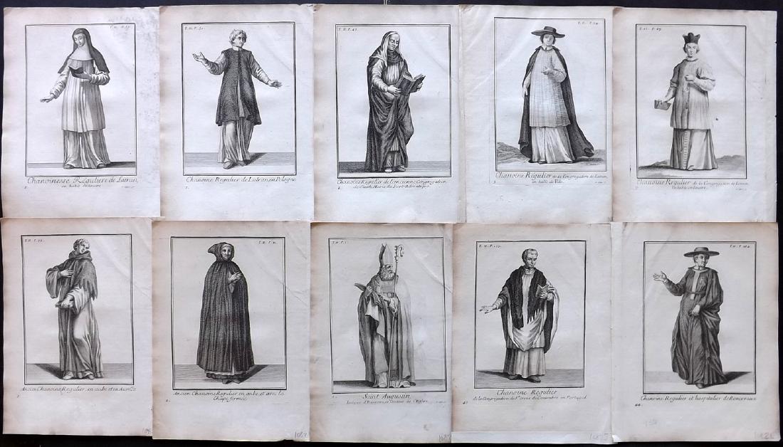 Heylot, Pierre 1721 Lot of 10 Costume Prints: Copper Plate Published 1721, Paris for "Histoire des Ordres Monastiques, Religieux et Militaires" by Pierre Heylot. Paper Size: 10 x 7.5 inch (25 x 19cm) Good Condition overall