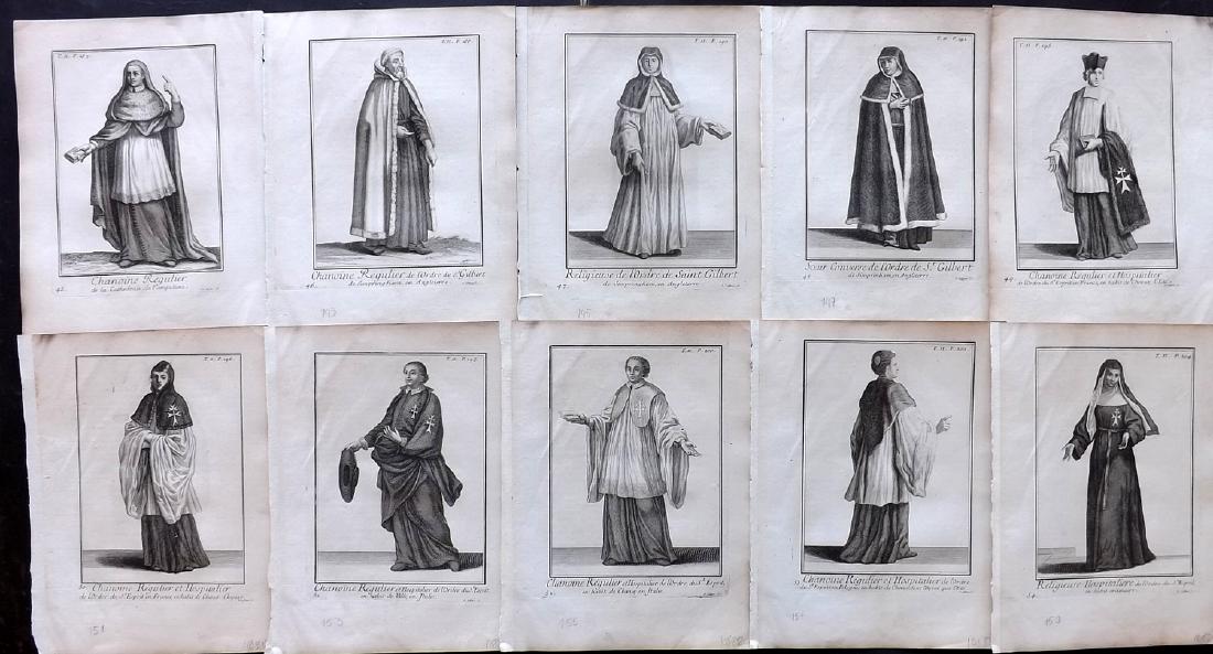 Heylot, Pierre 1721 Lot of 10 Costume Prints: Copper Plate Published 1721, Paris for "Histoire des Ordres Monastiques, Religieux et Militaires" by Pierre Heylot. Paper Size: 10 x 7.5 inch (25 x 19cm) Good Condition overall