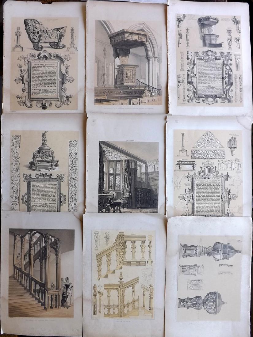 Richardson, Charles 1848 Lot of 9 LG Furniture Prints: Furniture/Architecture. Lithographs Published 1841-48, London for "Studies from Old English Mansions, Their furniture, Gold & Silver Plate &c." by Charles James Richardson. Paper Size: 19 x 12.5 inch