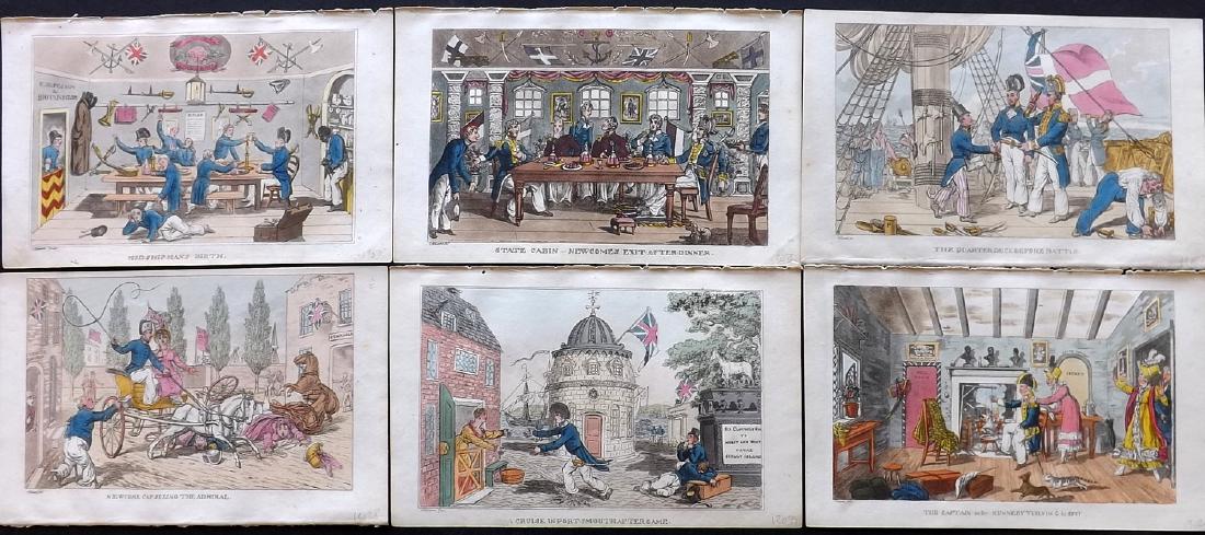 Rowlandson, Thomas 1823 Lot of 6 HC Naval Satire Prints: Hand Coloured Aquatints Published 1823, London for "The Adventures of Johnny Newcome in The Navy" by John Mitford. Illustrated by Thomas Rowlandson. Paper Size: 9 x 6 inch (23 x 15cm) Good Condition