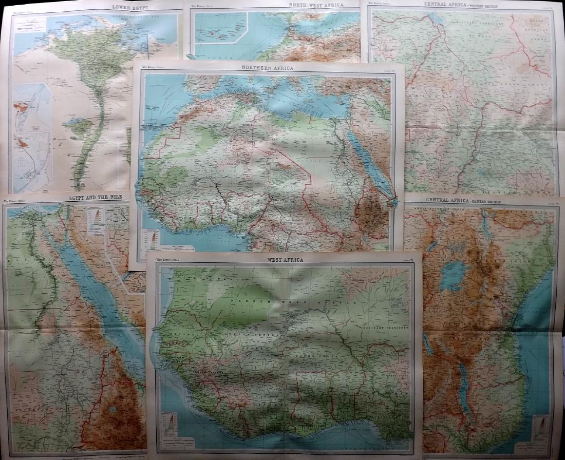 Bartholomew, John 1922 Lot of 7 Maps of Africa: Large Lithograph Maps Published 1922 by The Times, London for "The Times Survey Atlas of the World" Maps by John George Bartholomew of the Edinburgh Geographical Institute. Centre fold as issued. Pape