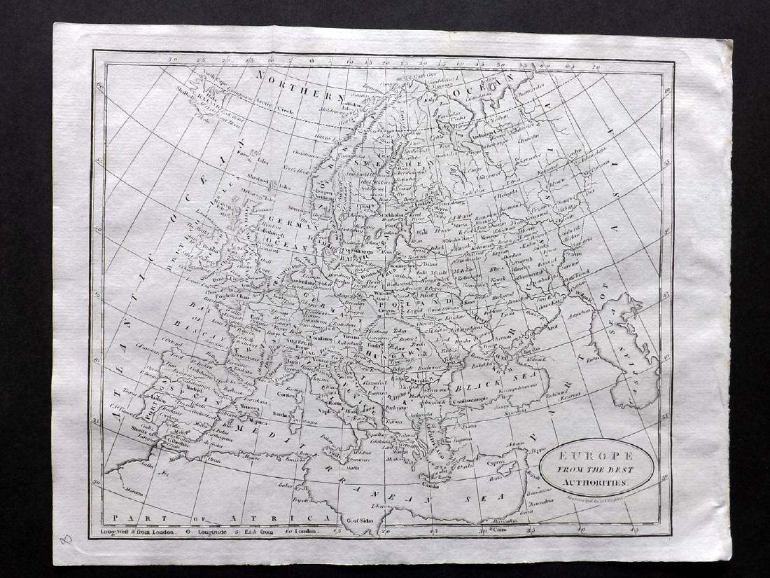 Brookes, Richard 1807 Map of Europe: Copper Engraved Map Published 1807, London for "The General Gazetteer; Or, Compendious Geographical Dictionary" by Richard Brookes. Engraved by B. Baker. Folds as issued. Paper Size: 10 x 8.5 inch (26